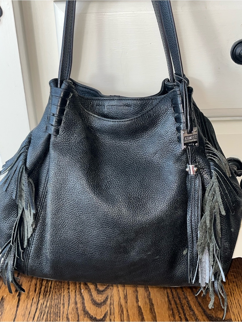 Aimee Kestenberg Black Fringe Pebbled Leather Double Handle Shoulder Bag - Picture 2 of 10